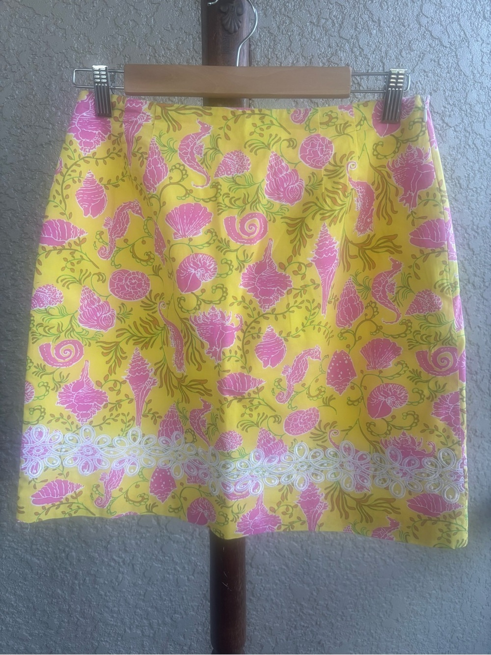 Key West Bright Yellow Midi Skirt with Pink Shell Print